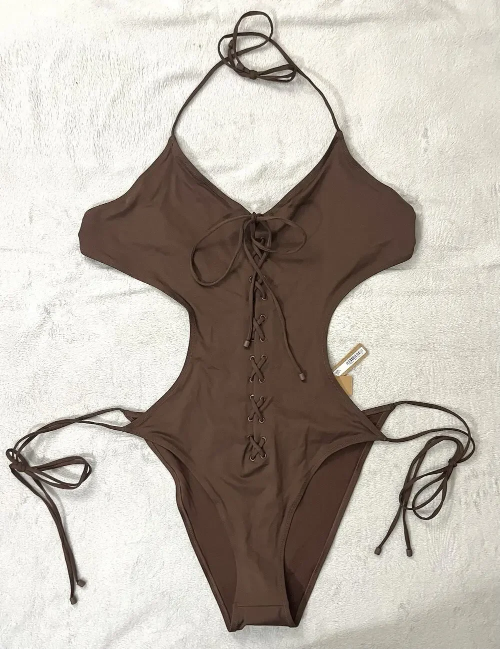 Skims Recycled Swim Lace Up String Monokini 4X Rich Cocoa Brown OP-BRF-2794 NEW